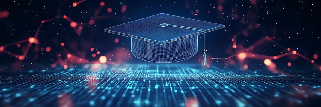 Digital illustration of a graduation cap made from glowing data connections, representing the impact and connection between education technology products, Generative Ai