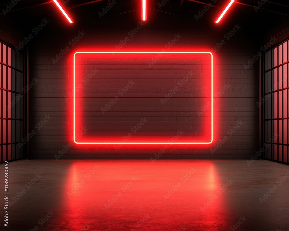 Poster warehouse red neon concept. neon-lit empty room with glowing rectangular frame on wall.
