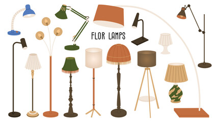 Set of different floor, table and floor lamps. Fabric, metal, glass and paper lampshades. Modern and classic lighting fixtures. Interior furnishings. Vector illustration