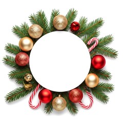 A white circular frame surrounded by red and gold Christmas ornaments, pine branches and candy canes on a white background.