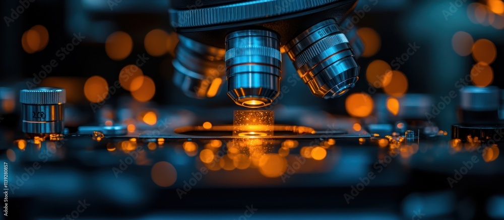 Poster microscope close-up showing lenses focused on a sample with bokeh lights.