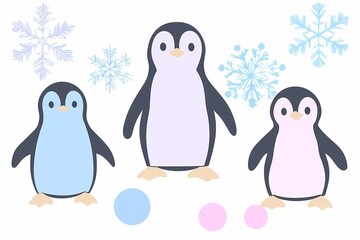 Naklejka premium Cute Cartoon Penguins with Snowflakes and Colorful Circles