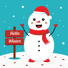 Snowman with the text hello winter on the wooden board