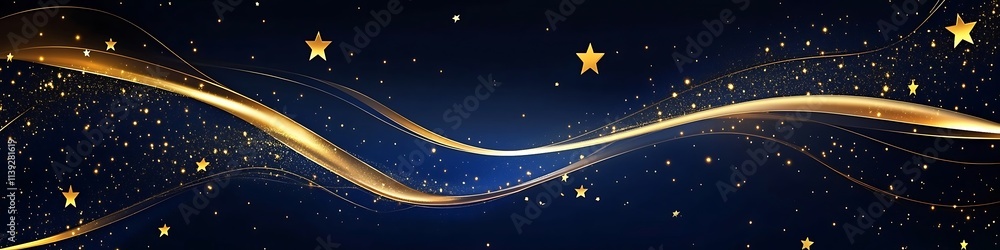 Poster blue luxury background with golden line decoration and curve light effect with bokeh elements modern