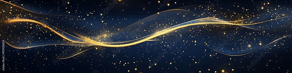 Poster blue luxury background with golden line decoration and curve light effect with bokeh elements modern
