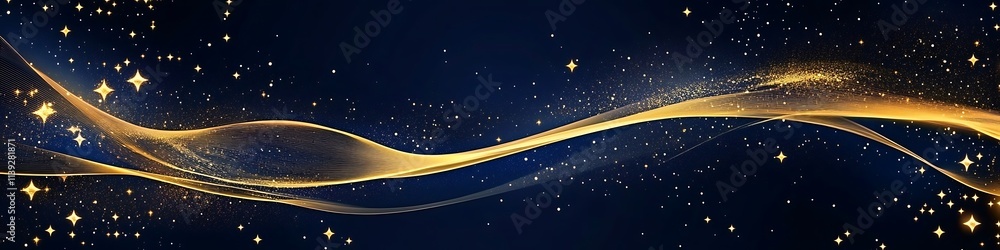 Poster blue luxury background with golden line decoration and curve light effect with bokeh elements modern