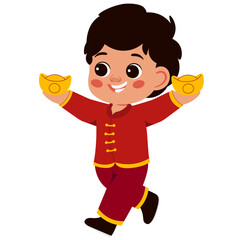 Cheerful Boy Holding Gold Ingot Celebrating Chinese New Year Illustration