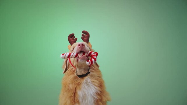 A Nova Scotia Duck Tolling Retriever wears a festive headband with red details against a green gradient background, creating a cheerful and holiday-themed studio portrait