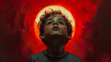 Fototapeta premium Innocence Lost: A Boy's Gaze into the Abyss