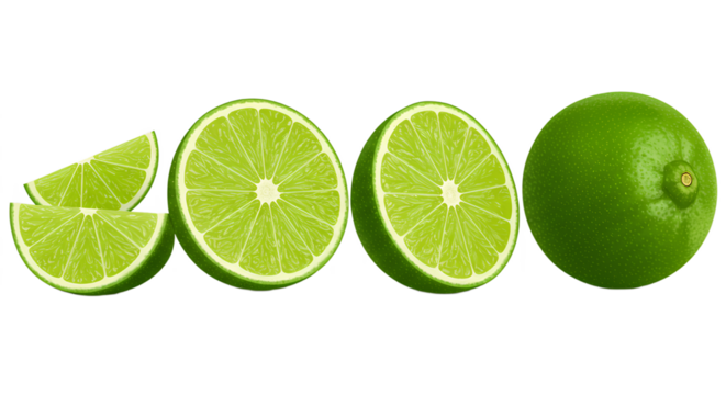 Four lime stages: two wedges, two halves, and one whole lime with vibrant green color and texture.