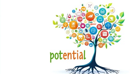 Obraz premium potential tree of growth potential showing icons of success potential for learning and achievement ,concept tree of learning and growth potential, symbolic tree of success and potential energy