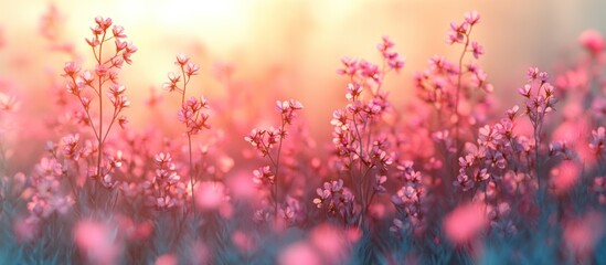 Pink flowers blooming in sunset light.