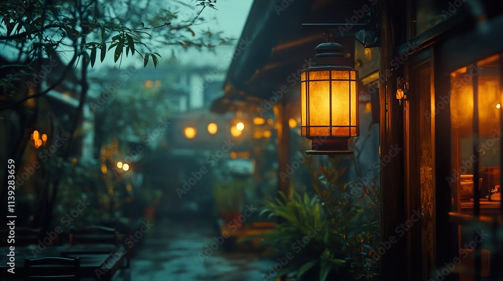 Canvas Prints Rainy Night in the Alley: A Cozy Lantern's Glow