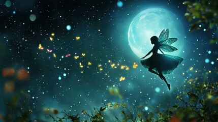 Fototapeta premium A Fairy Flies Beneath A Celestial Moonlit Night