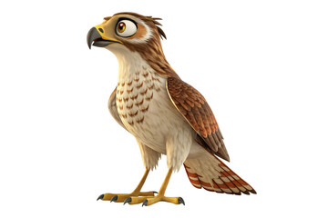 Naklejka premium A cartoon hawk with reddish-brown feathers, standing alert. Its cheerful demeanor and animated style convey friendliness and curiosity, isolated on a transparent background