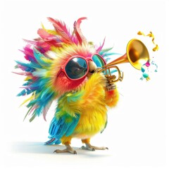 Fototapeta premium Colorful parrot with vibrant feathers plays trumpet in a whimsical, cheerful setting