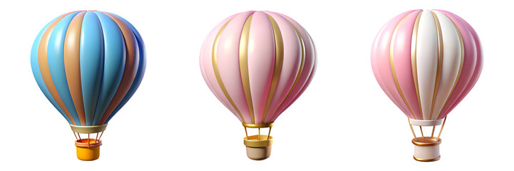 Fototapeta premium Set of 3d colorful hot air balloons isolated on transparent background, cut out, PNG