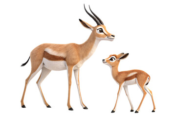 Obraz premium A pair of animated gazelles, the mother gazing proudly while the fawn looks up. Their sleek coats and vivid eyes depict grace and innocence, isolated on a transparent background