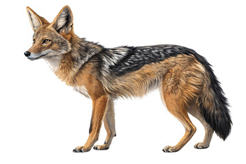 Fototapeta premium A realistic coyote with brown and black fur, amber eyes, and soft textures. Its stance reflects calm observation and readiness in nature, isolated on a transparent background