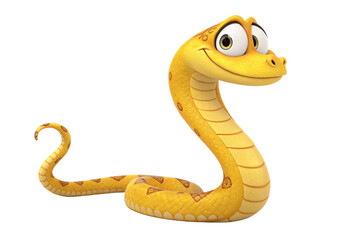 Fototapeta premium A smiling yellow snake with a detailed, patterned body and bright green eyes, radiating a playful and approachable demeanor, isolated on a transparent background