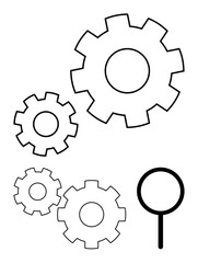 Three interlocking gears with magnifying glass, symbolizing detailed inspection and understanding of mechanical systems. Ideal for education, mechanics, engineering, technology, analysis, research