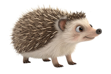 A wide-eyed hedgehog with expressive features and realistic quills. Its slightly turned head conveys a sense of wonder and readiness to explore, isolated on a transparent background