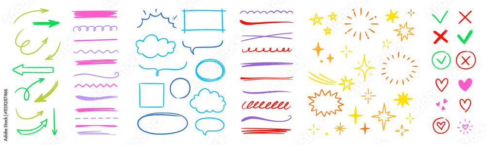 Poster line arrow hand drawn shape brush underline stroke element vector set. hand drawn doodle sketch arro