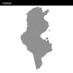 Outline of Tunisia depicted in hexagonal dotted style with abstract elements in the background