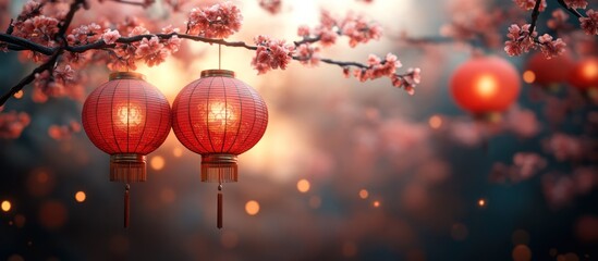 Illuminated red lanterns hanging from blossoming branches at sunset.