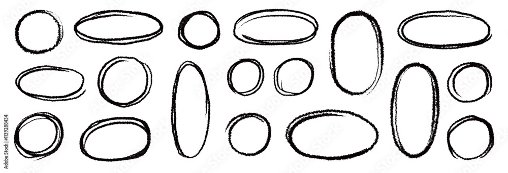 Poster Marker brush marker scribble line oval frame shape set. Hand drawn marker crayon brush stroke highlight round, circular highlight frame element. Scribble sketch round hand drawn vector illustration