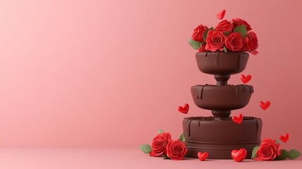 A three-tier chocolate fountain adorned with red roses and heart-shaped decorations against a soft pink background.