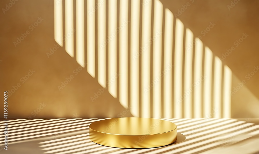 Poster 3d rendering of a golden podium with a light beam on a striped background for product display presen