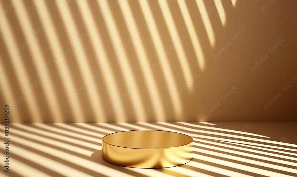 Poster 3d rendering of a golden podium with a light beam on a striped background for product display presen