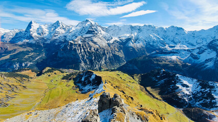 Snow covered mountains of three famous Swiss mountain peaks, Eiger, Mönch and Jungfrau, Switzerland