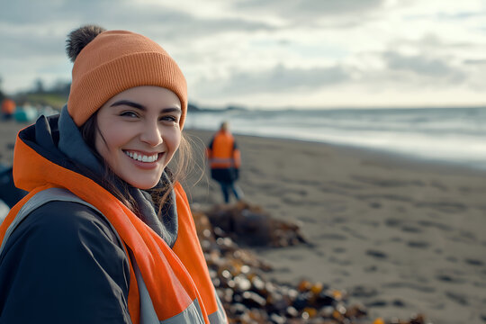 Friendly Woman park volunteer smiling, cleaning up a local beach, looking at camera, Close-up outdoors portrait