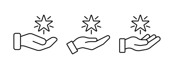 Excellent result outline icon set PNG. Hand holding shining star symbol represent of grade quality, get reward. Transparent background