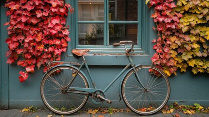 A vintage bicycle leaning against a wall adorned with colorful ivy leaves.