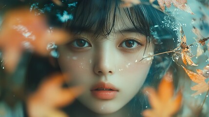 Close-up portrait of a young woman amidst autumn leaves
