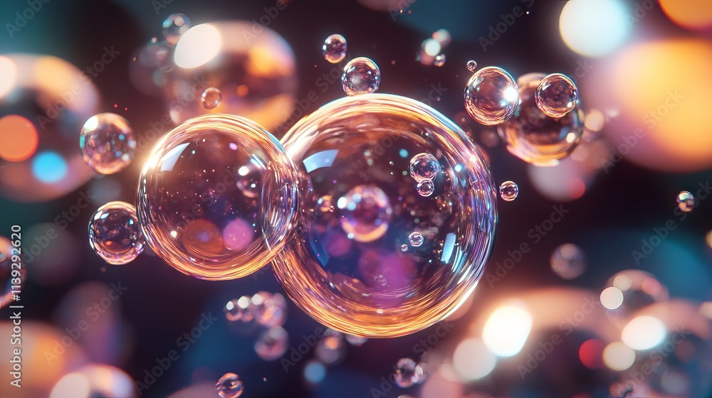 Poster intricate composition of iridescent bubbles forming unique shapes against soft gradient background