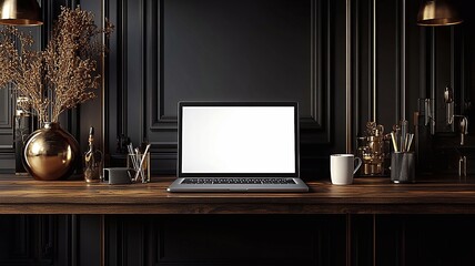 Realistic cropped image of a laptop with blank white screen, placed on a modern wooden desk with coffee cup beside, home office background, 3D rendering