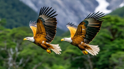 pair of majestic eagles soaring gracefully through sky, showcasing their impressive wingspan against backdrop of lush greenery and mountains. Their aerial dance captivates viewer