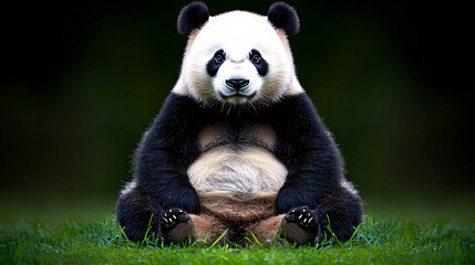 Obraz premium panda sitting peacefully on green grass, showcasing its distinctive black and white fur. serene expression and relaxed posture evoke sense of calm and tranquility