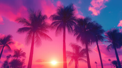 Outrun Synthwave style - 1990s retro aesthetic with palm trees and tropical sunset in pink and blue