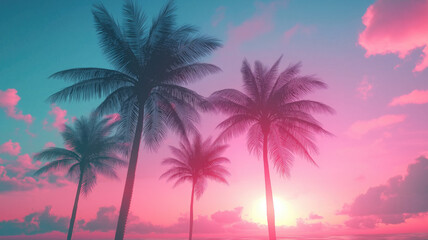 Outrun Synthwave style - 1990s retro aesthetic with palm trees and tropical sunset in pink and blue