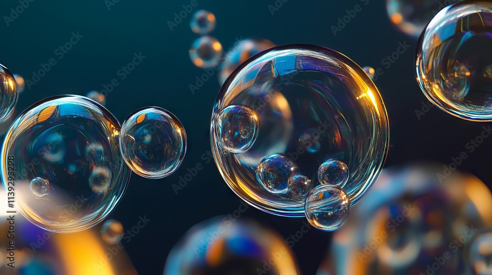 Poster intricate composition of iridescent bubbles forming unique shapes against soft gradient background