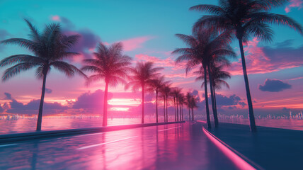 Fototapeta premium Outrun Synthwave style - 1990s retro aesthetic with palm trees and tropical sunset in pink and blue