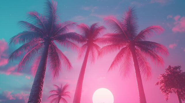 Outrun Synthwave style - 1990s retro aesthetic with palm trees and tropical sunset in pink and blue