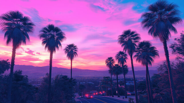 Outrun Synthwave style - 1990s retro aesthetic with palm trees and tropical sunset in pink and blue