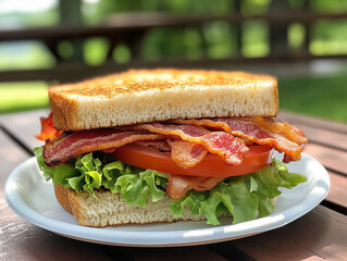 blt sandwich on picnic table outside
