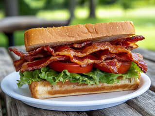 Blt sandwich on white plate outdoors